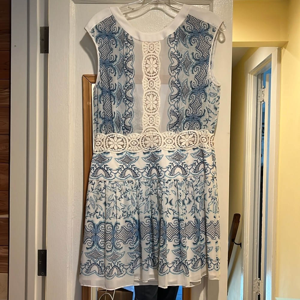 BCBG Max Azria Aymeline Sheer Blue and Cream Dress size 6